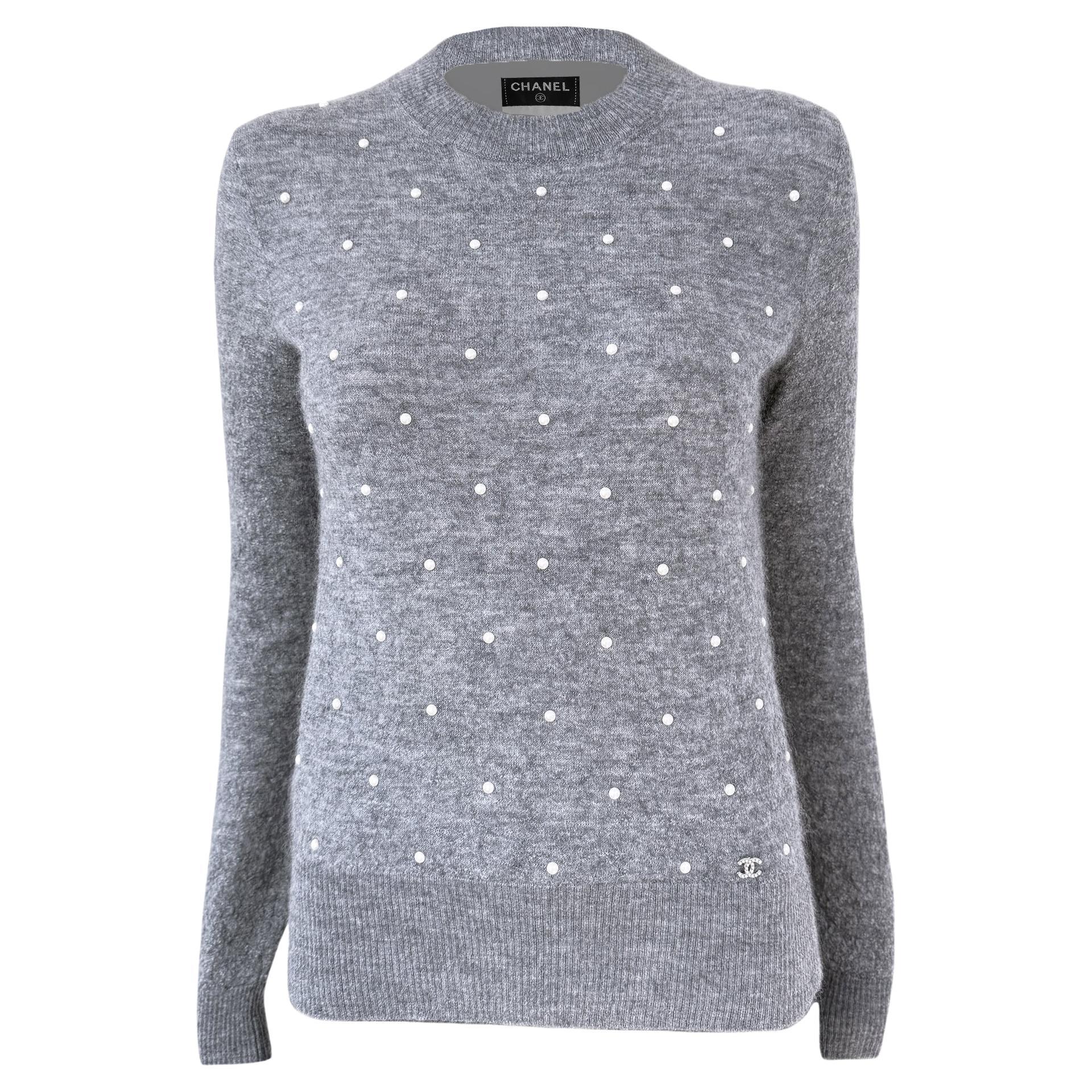 CHANEL Pearl Embellished Grey Jumper 34 FR For Sale