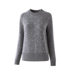 CHANEL Pearl Embellished Grey Jumper with CC Charm 34 FR