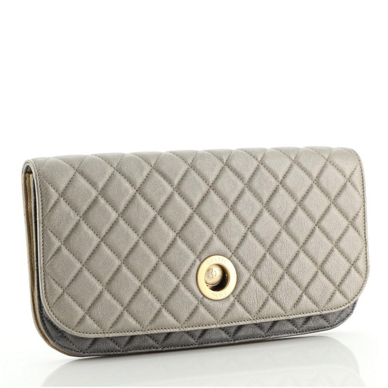 Gray Chanel Pearl Full Flap Clutch Quilted Lambskin