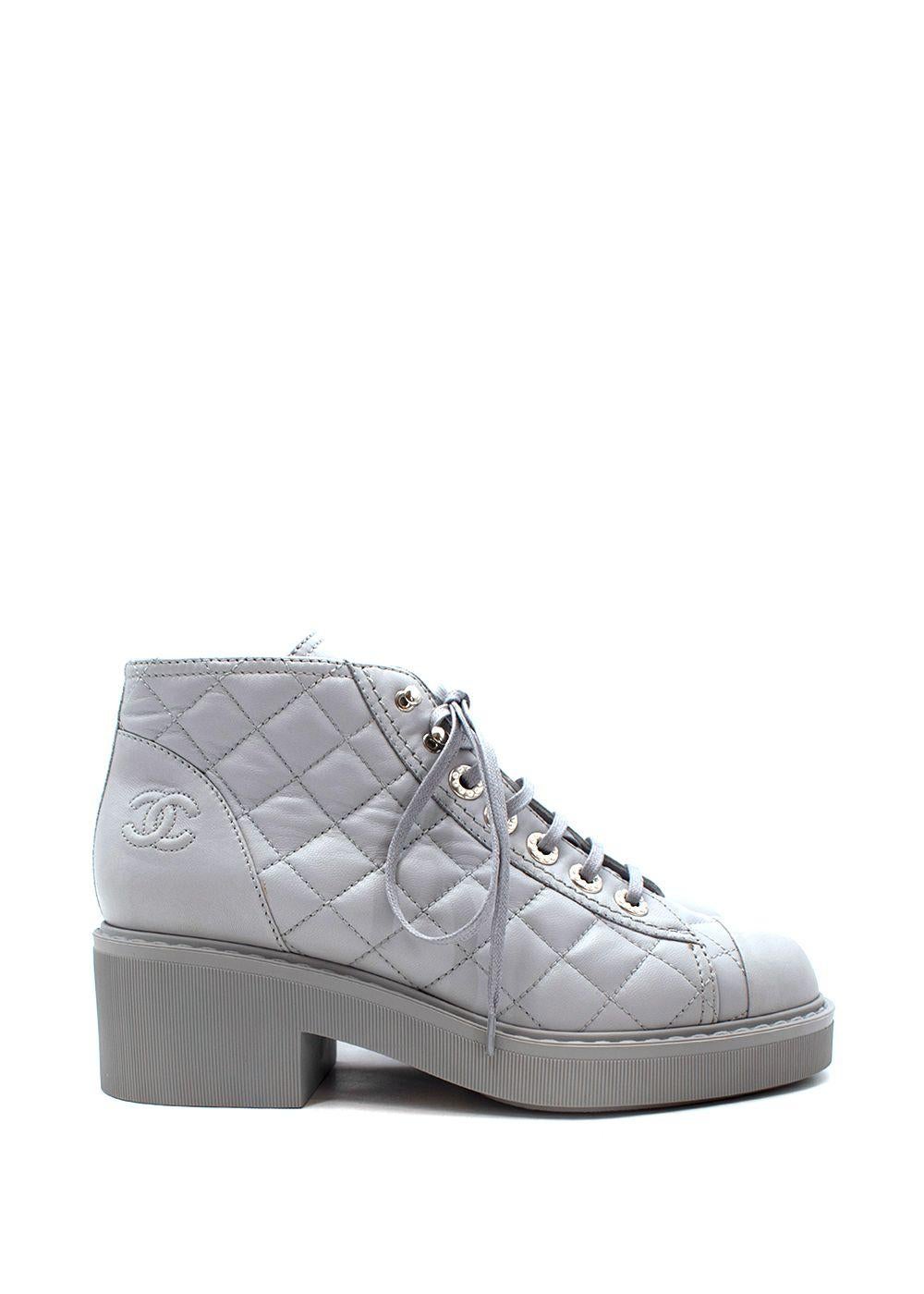 Chanel Pearl Grey Leather Quilted Combat Boots - Size 37.5 For Sale 2
