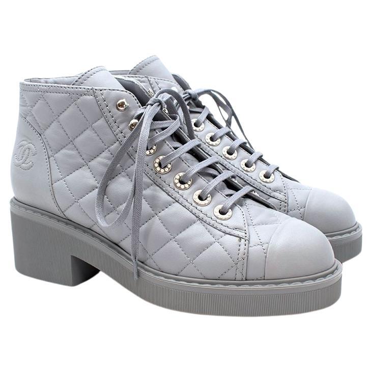 Chanel Pearl Grey Leather Quilted Combat Boots - Size 37.5 For Sale