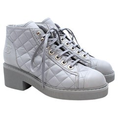 Chanel Pearl Grey Leather Quilted Combat Boots - Size 37.5