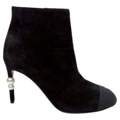 CHANEL Pearl Heel Logo Suede Boots Size 37.5