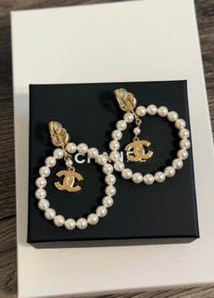 CHANEL Pearl Hoop Crystal CC Drop Clip On Earrings