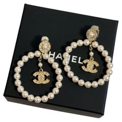 CHANEL Pearl Hoop Crystal CC Drop Clip On Earrings