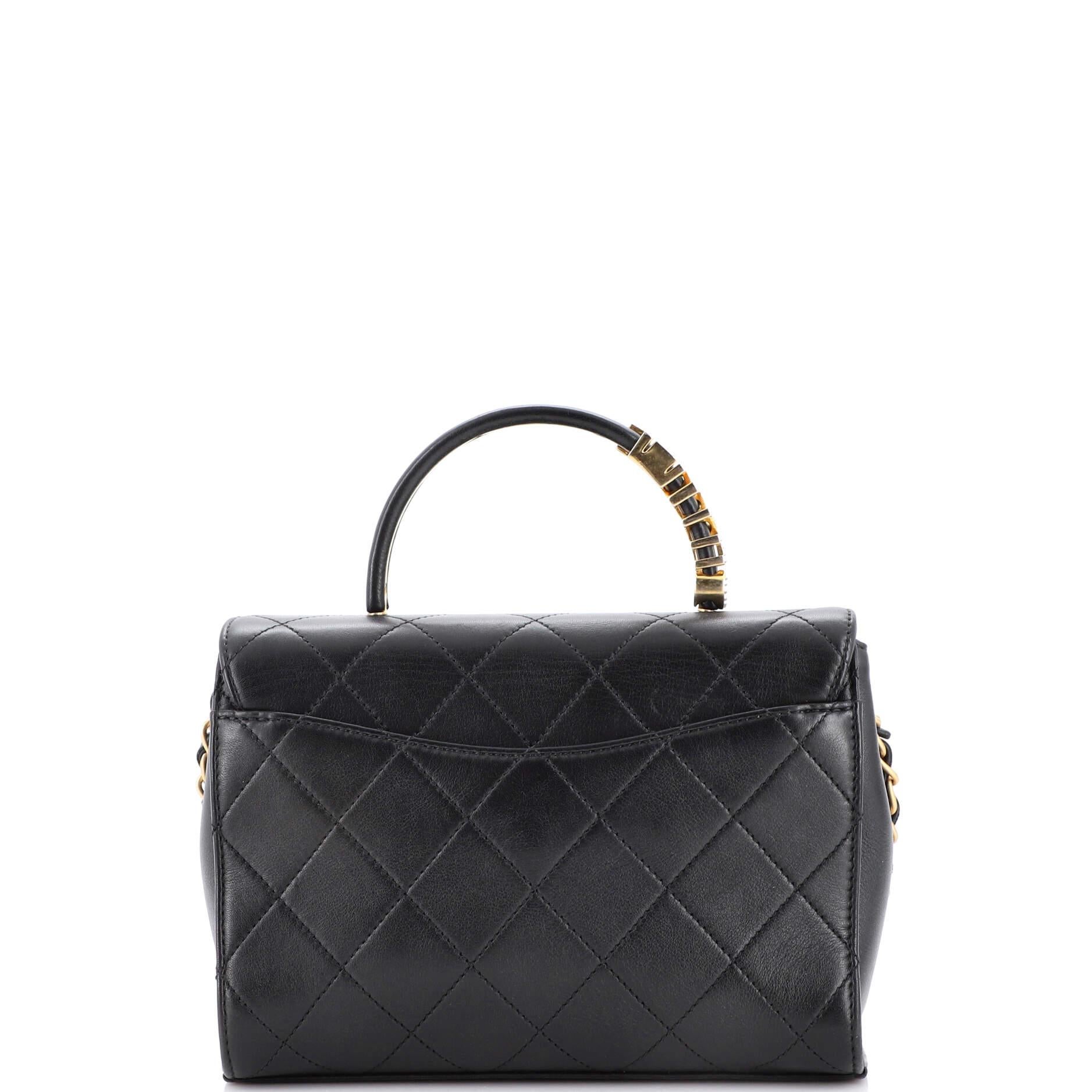 Chanel Pearl Logo Top Handle Flap Bag Quilted Lambskin In Good Condition In NY, NY