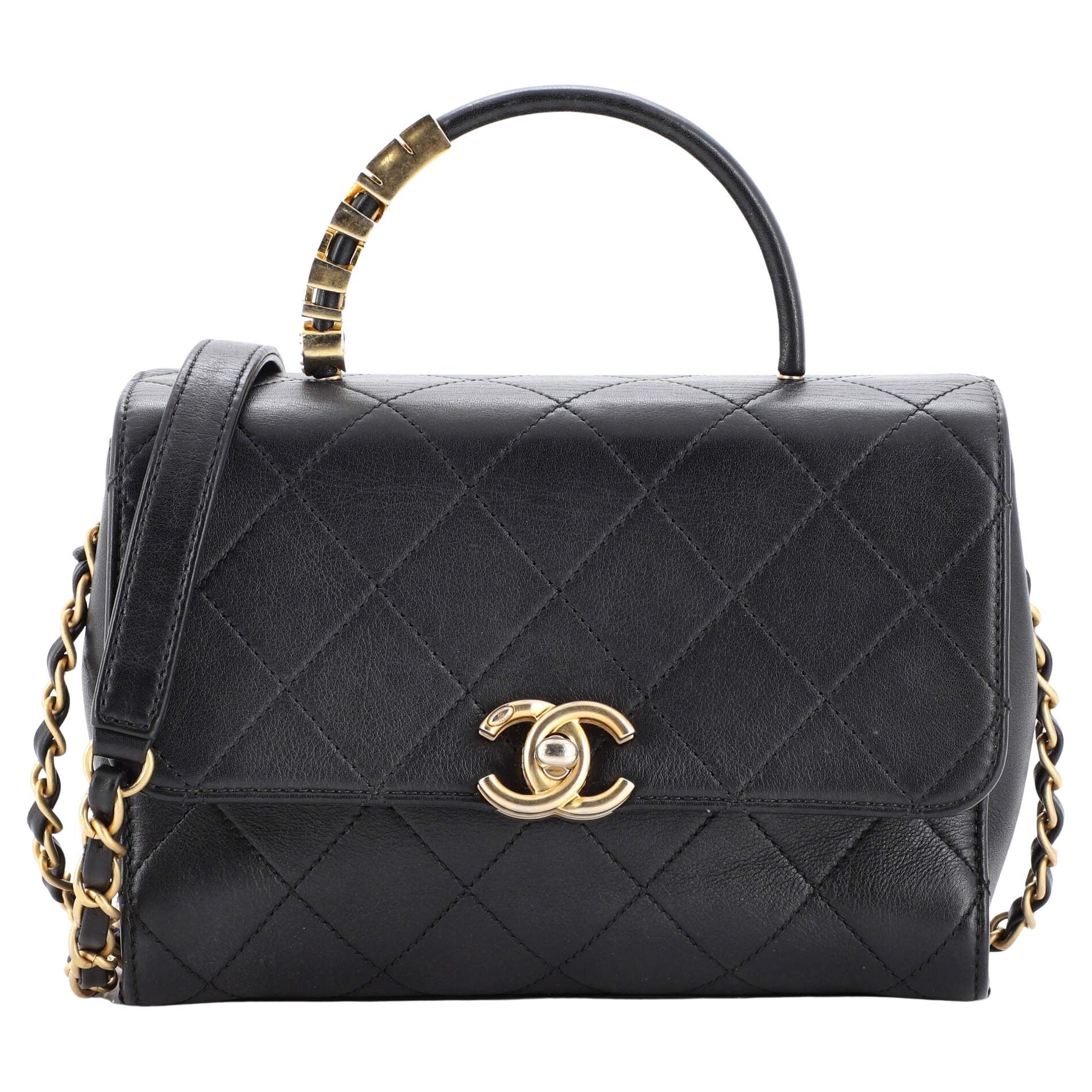 Chanel Pearl Logo Top Handle Flap Bag Quilted Lambskin at 1stDibs