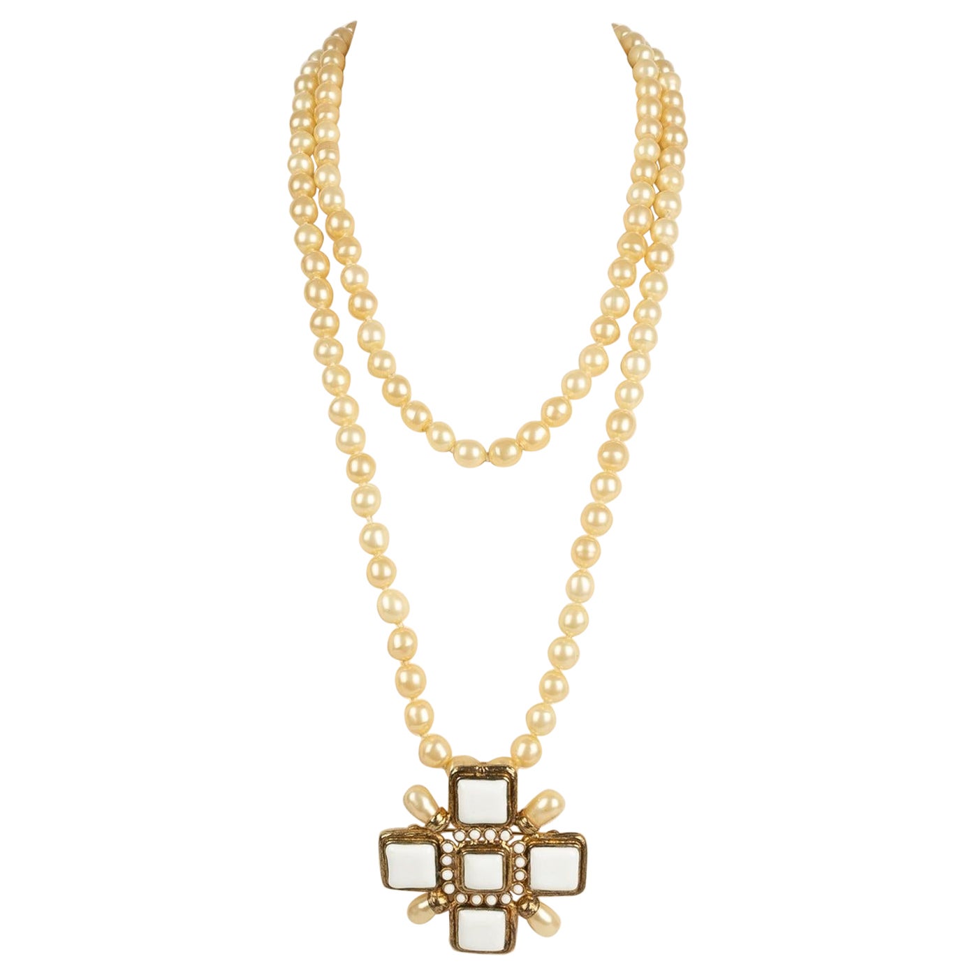 Chanel Pearl Necklace with Cross Pendant