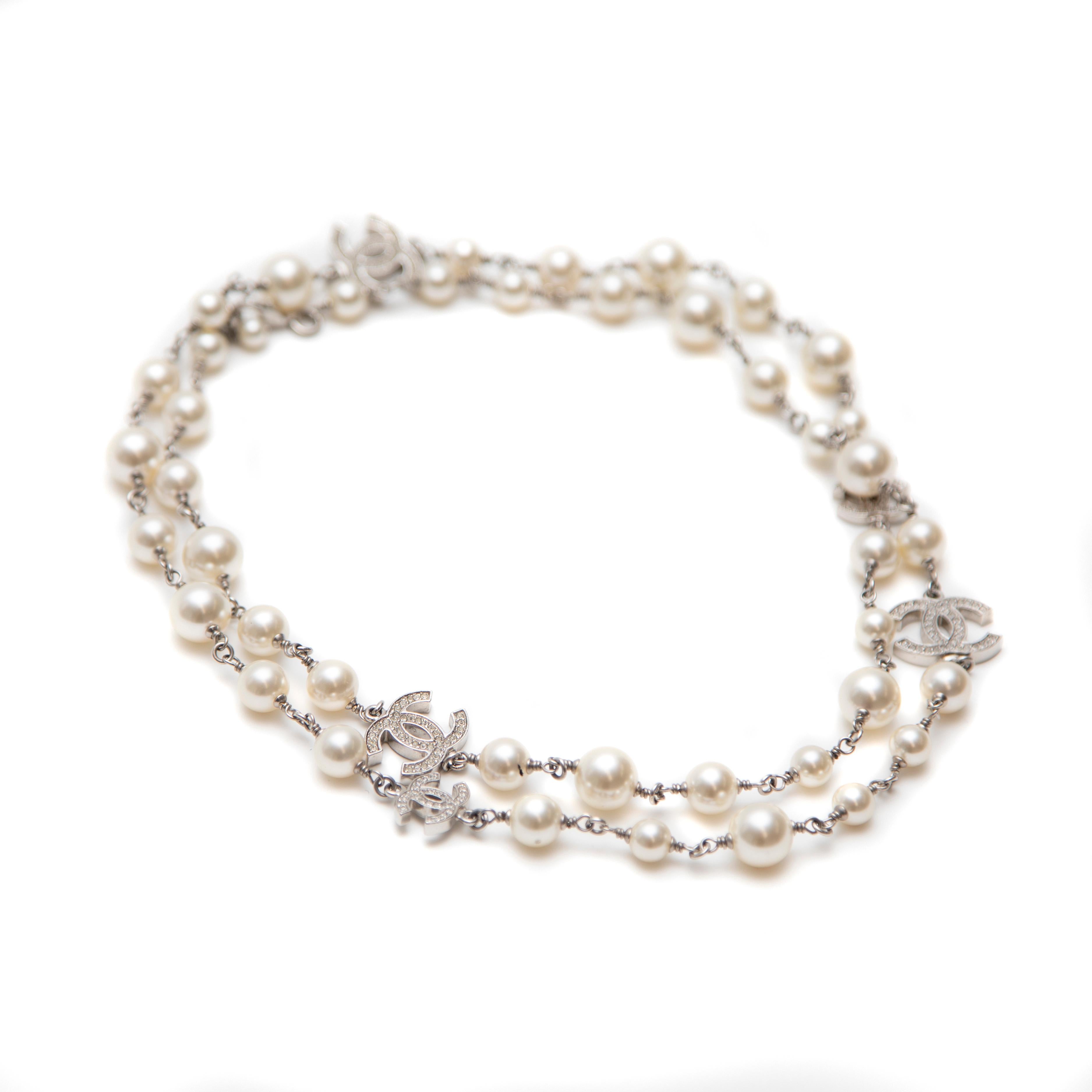 Bead Chanel Pearl Necklace with Strass Crystal CC Pendants For Sale