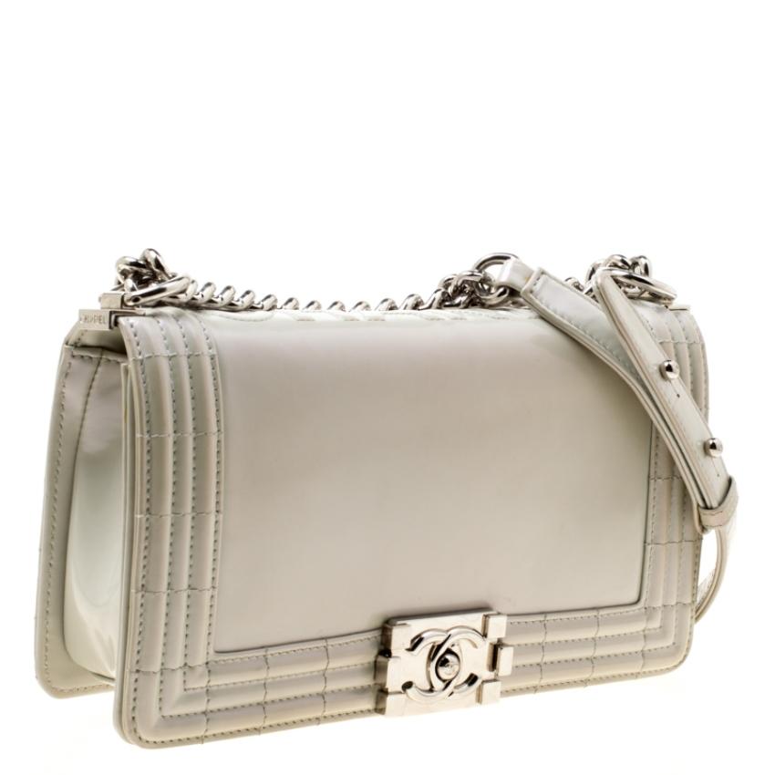 Beige Chanel Pearl Patent Leather Medium Boy Flap Bag