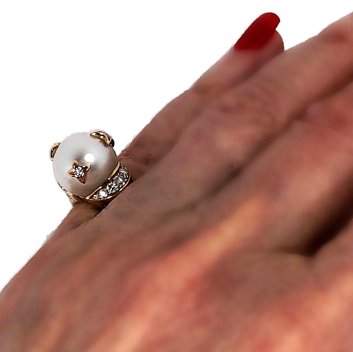 Chanel Pearl Ring with Diamond and Gold Stars 2