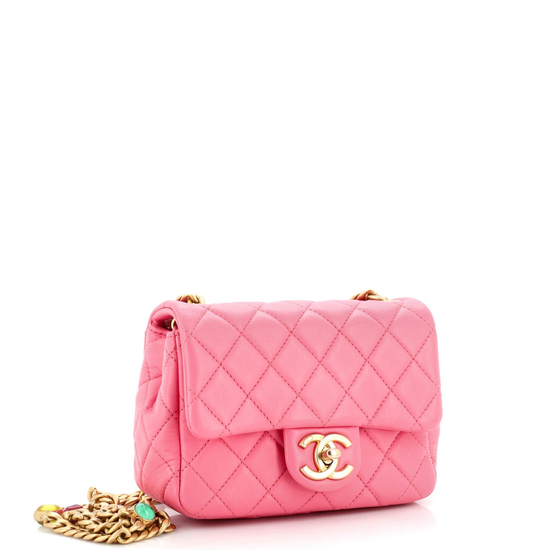 Chanel Pearl Samba Resin Chain Square Flap Bag Quilted Lambskin Mini In Good Condition For Sale In NY, NY