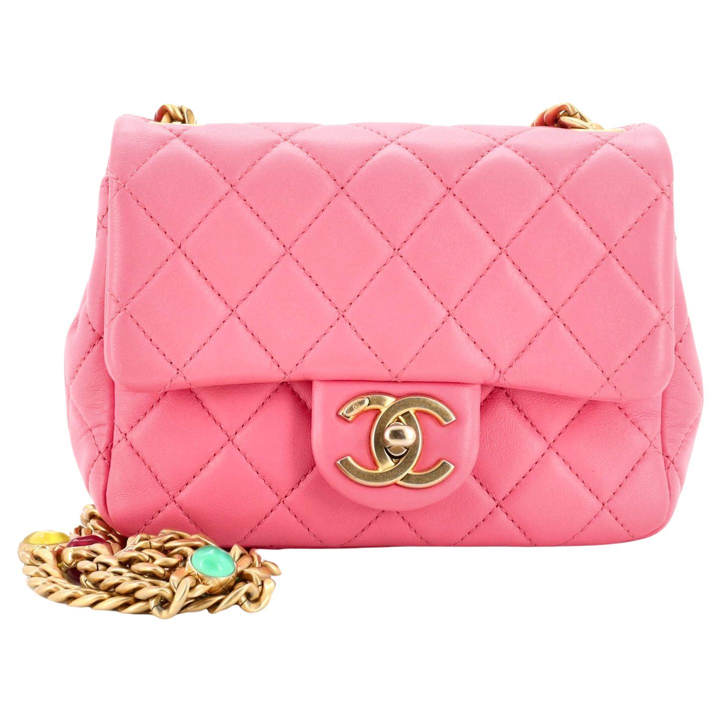 Chanel Pearl Samba Resin Chain Square Flap Bag Quilted Lambskin Mini For Sale