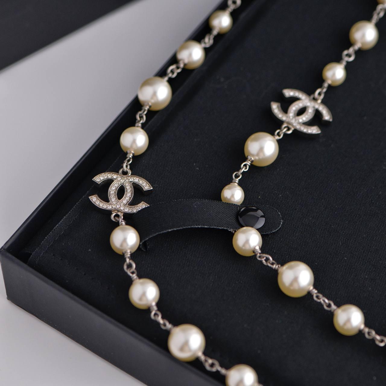 Uncut Chanel Pearl Sautoir Necklace with Five CC Logos