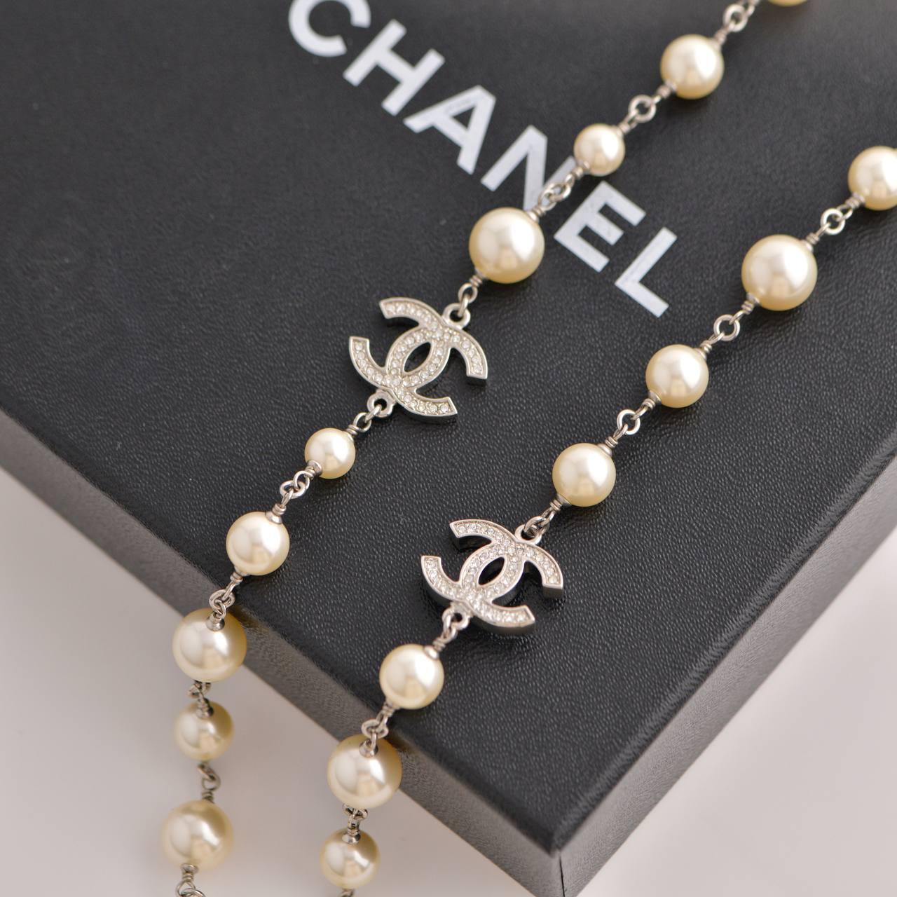 Uncut Chanel Pearl Sautoir Necklace with Five CC Logos