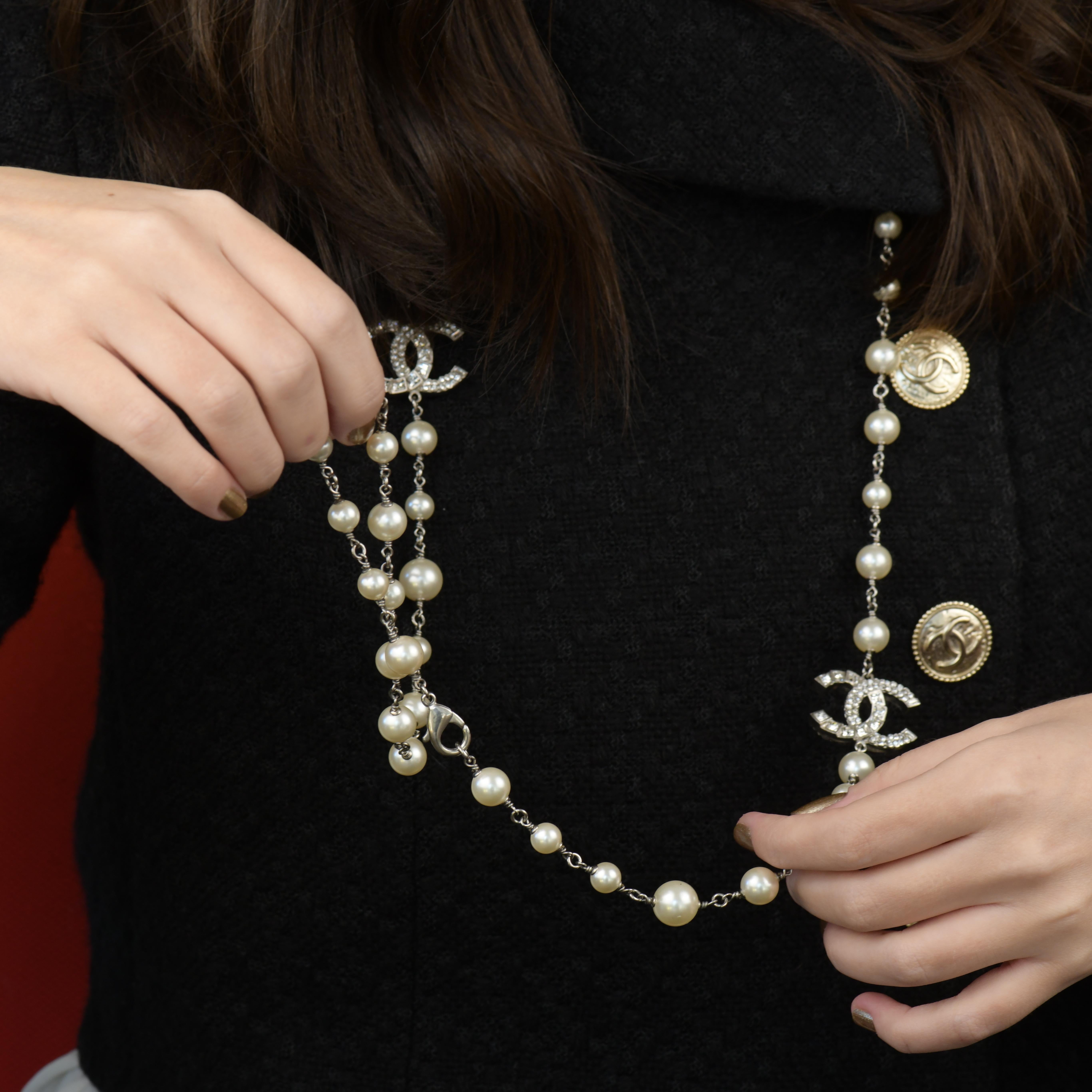 Bead Chanel Pearl Sautoir Necklace with Three Big CC Logos