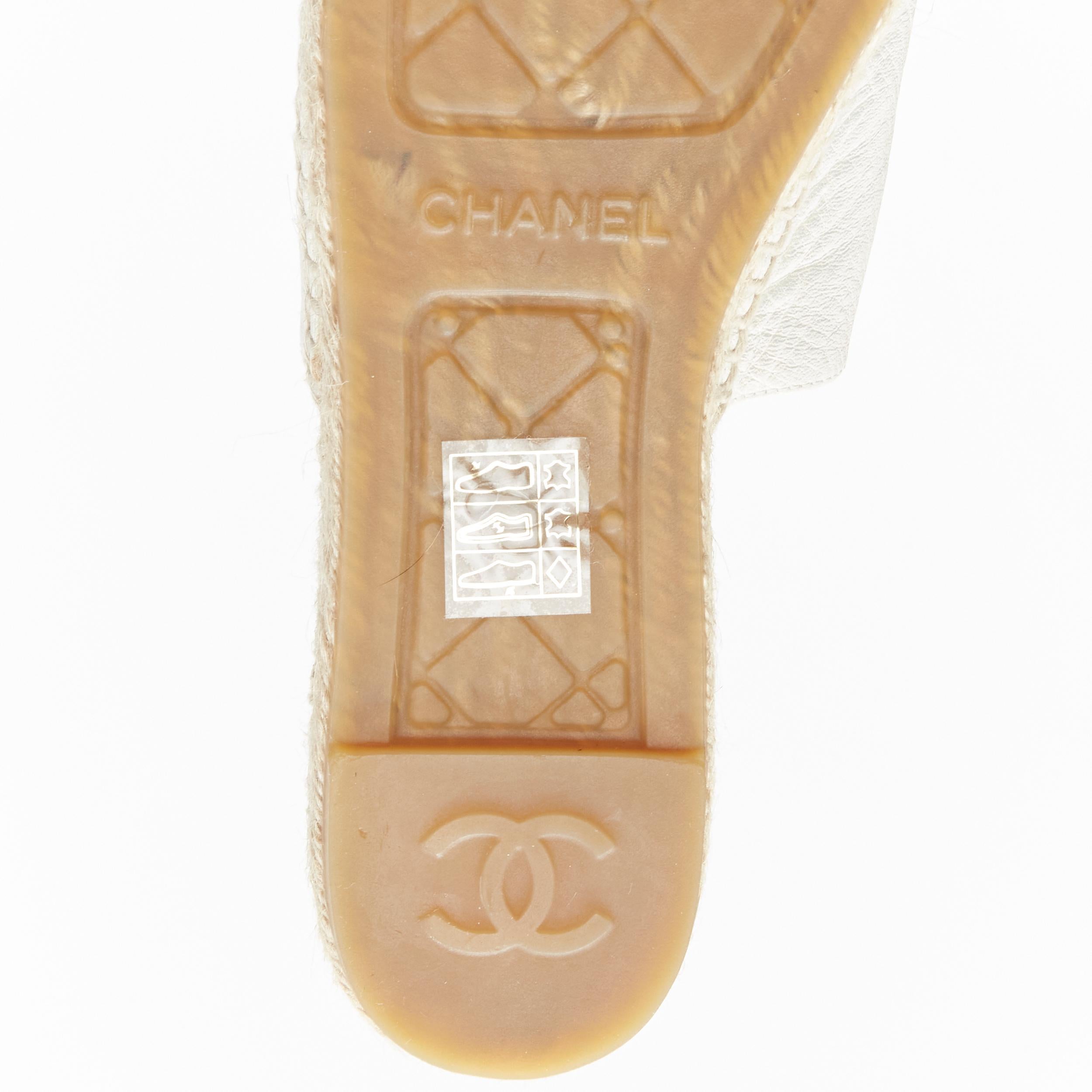 CHANEL pearl sheen white leather black CC toe cap espadrille jute sole mule EU38 3