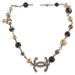 Chanel  Pearl & Stone Silver CC Logo Necklace