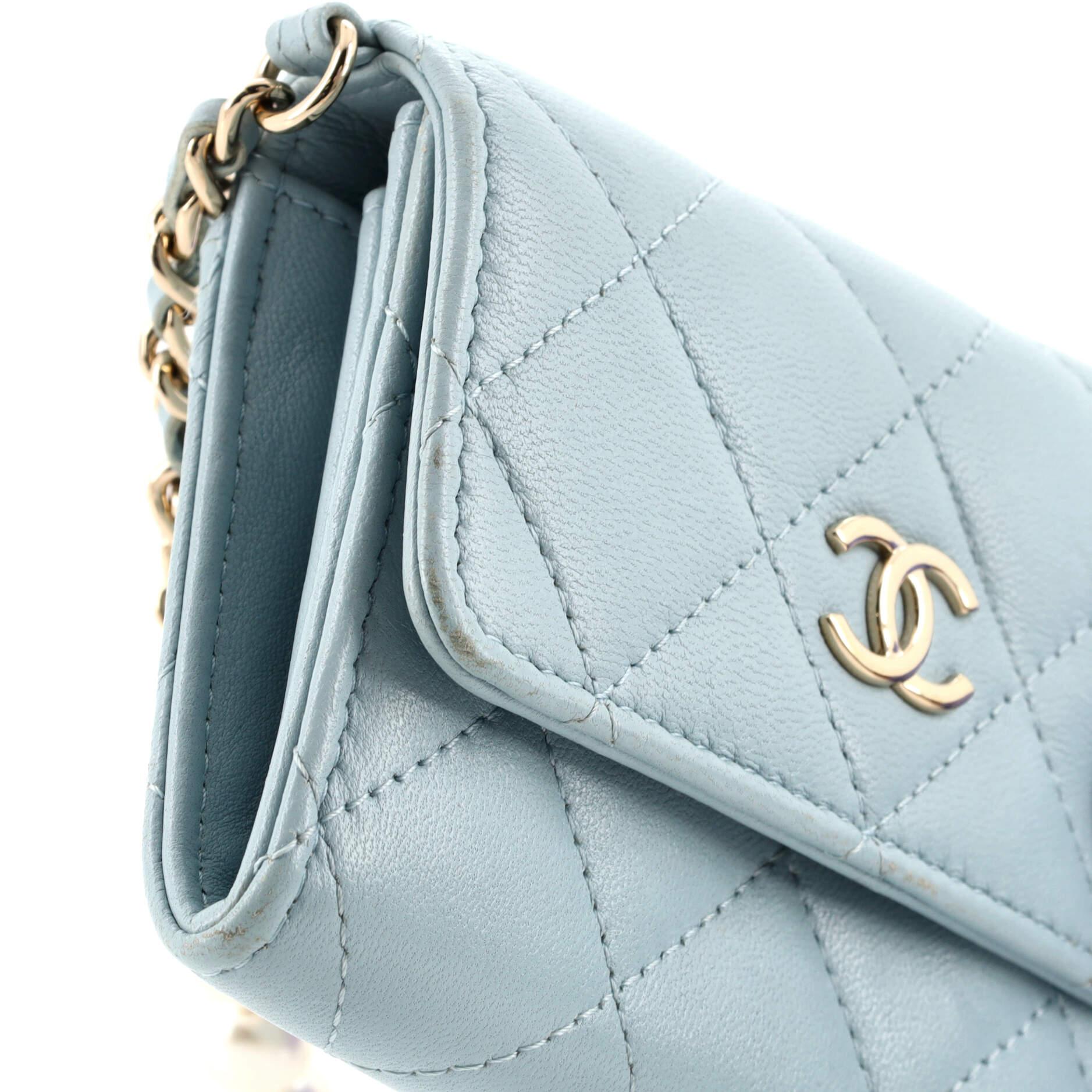 Women's Chanel Pearl Strap Flap Card Holder with Chain Quilted Calfskin