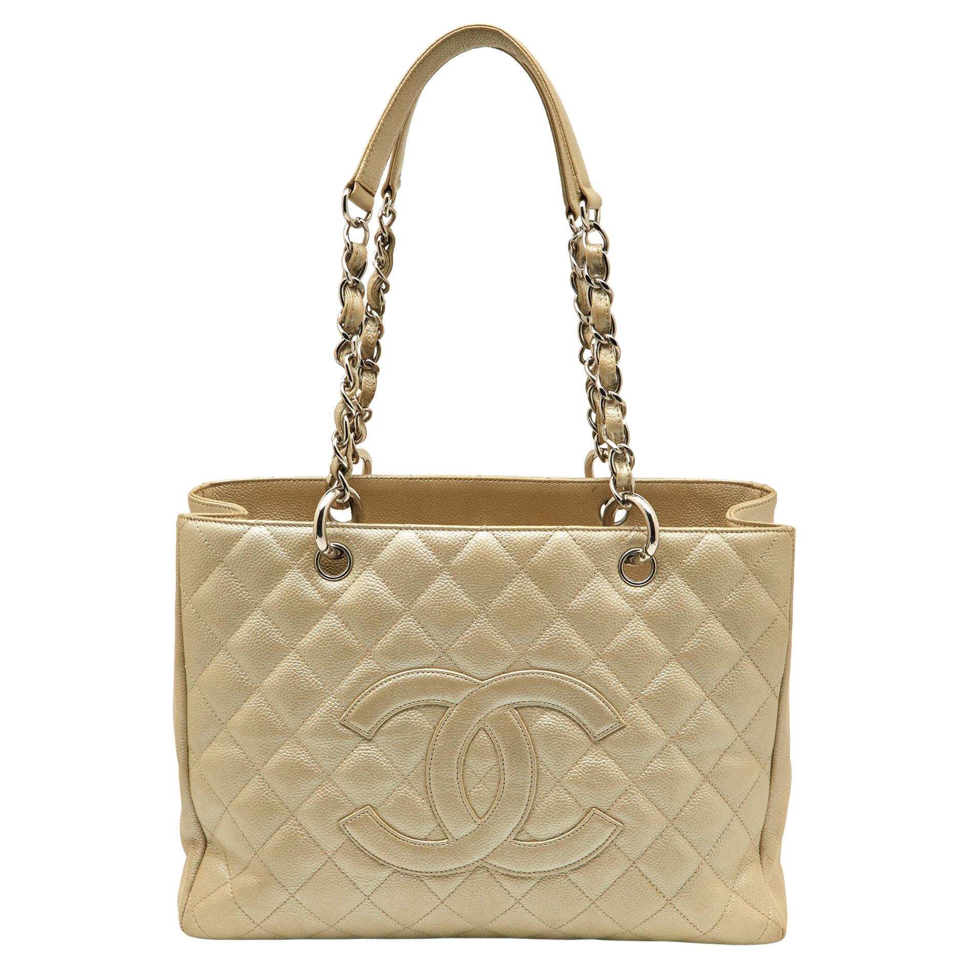 Chanel Pearl White Quilted Caviar Leather GST Shopper Tote For Sale