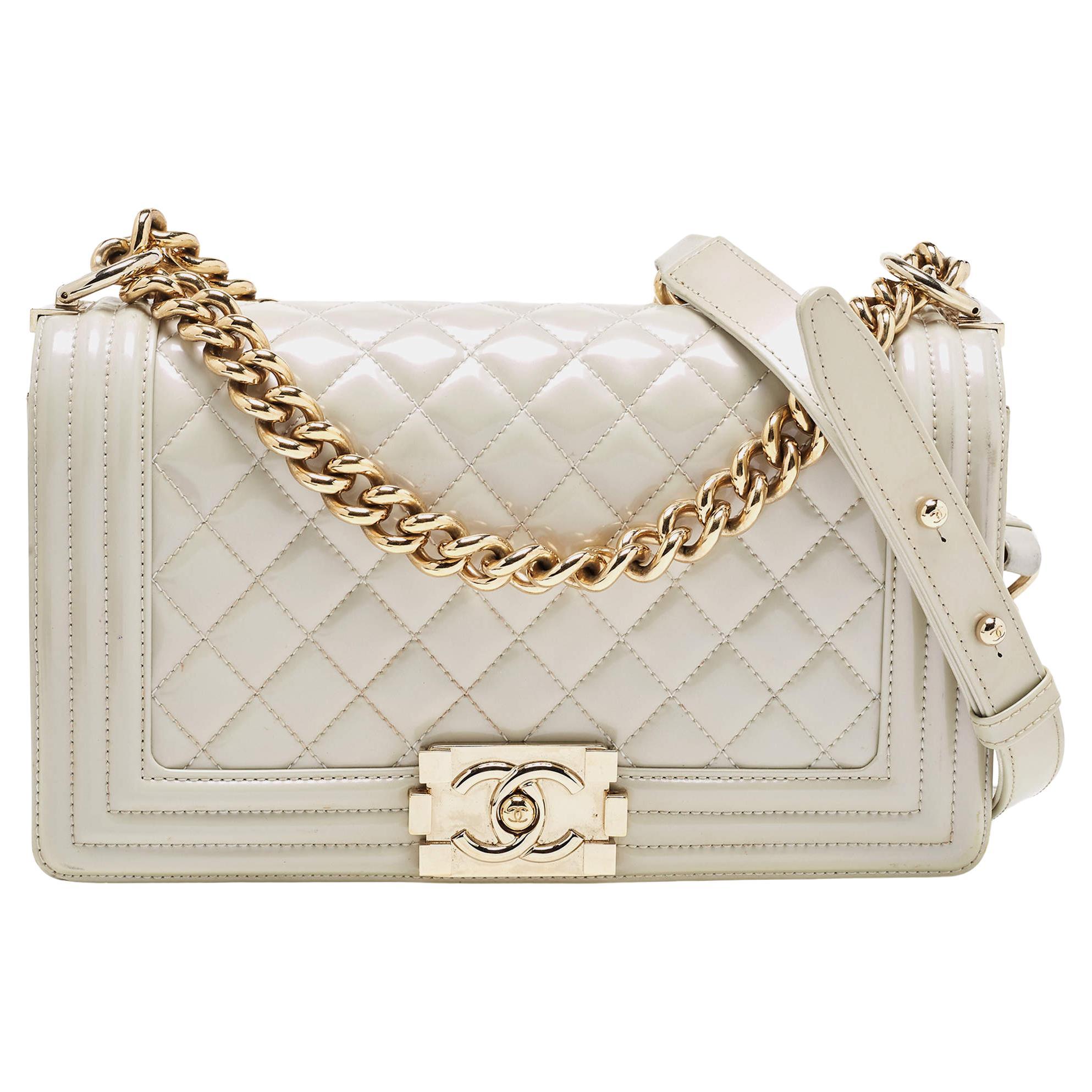 Chanel Pearl White Quilted Patent Leather Medium Boy Flap Bag For Sale