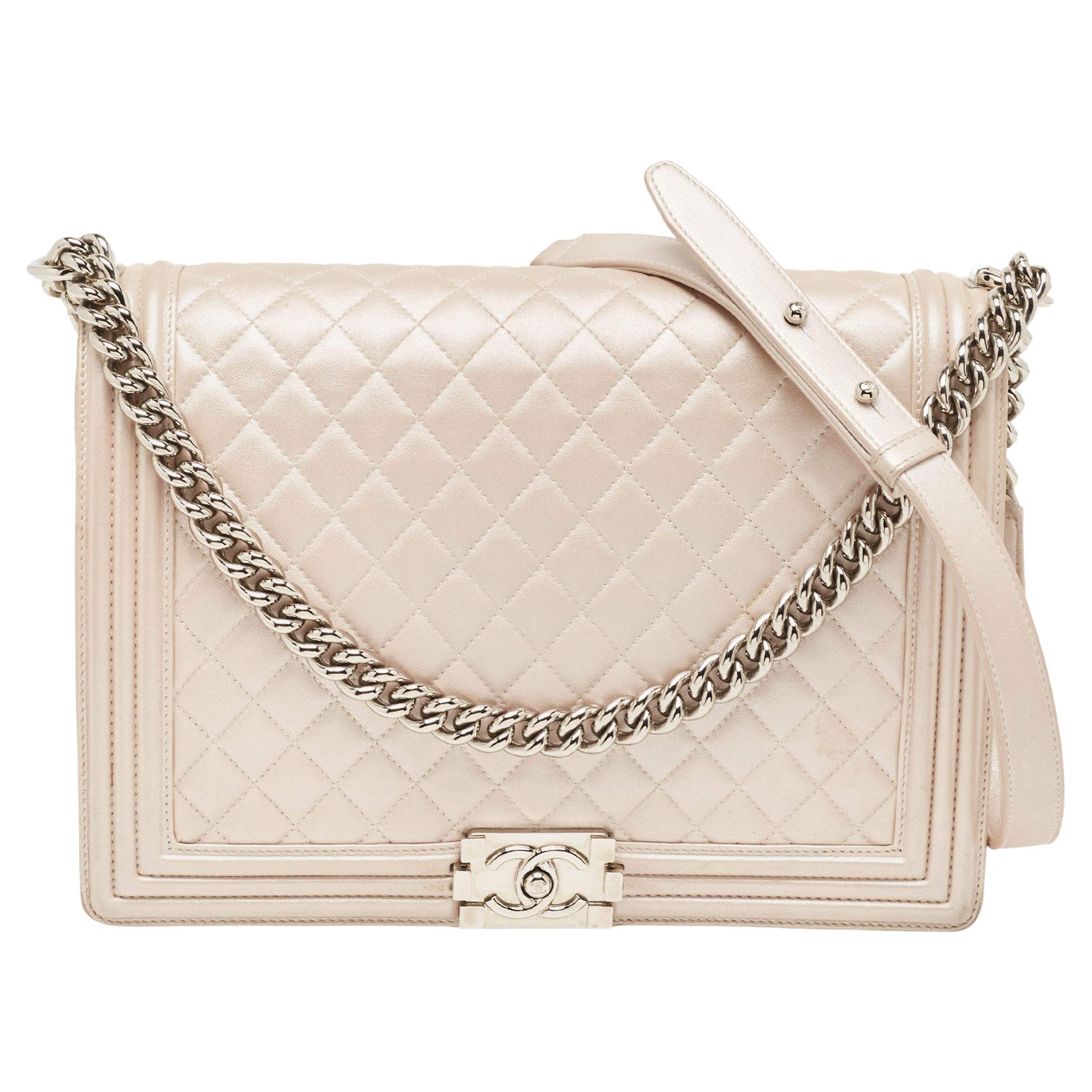 Chanel Pearl White Shimmer Quilted Leather Large Boy Flap Bag For Sale