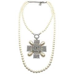 Chanel Pearl with Rhinestone Medallion Pendant Necklace