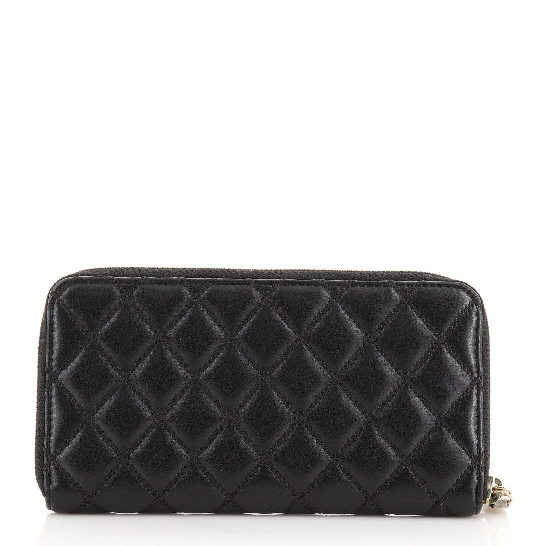 Beige Chanel Pearl Zip Wallet Lambskin Long Black Neutral Wallet For Sale