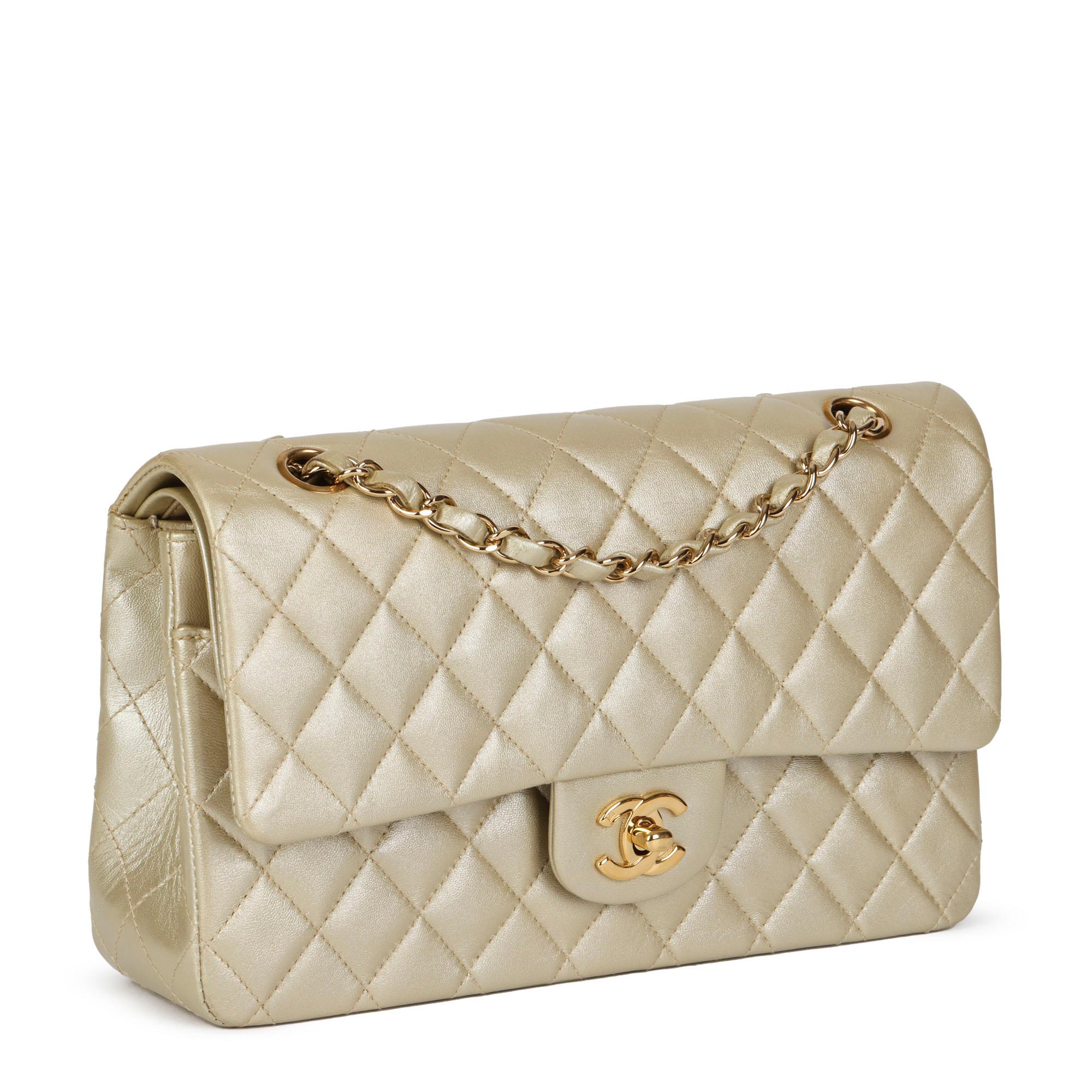 CHANEL
Pearlescent Pale Green Quilted Metallic Lambskin Medium Classic Double Flap Bag 

Xupes Reference: HB4423
Serial Number: 7467741
Age (Circa): 2003
Accompanied By: Chanel Dust Bag, Authenticity Card, Care Booklet
Authenticity Details:
