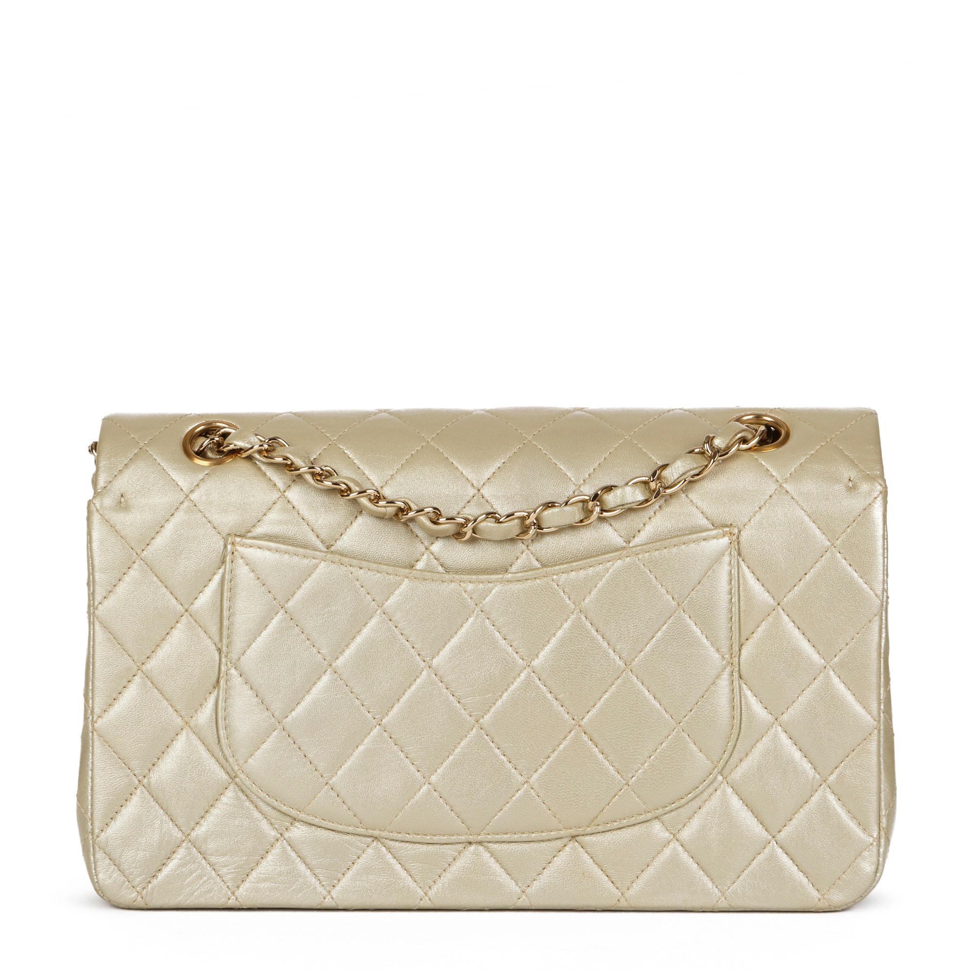 CHANEL Pearlescent Pale Green Metallic Lambskin Medium Classic Double Flap Bag In Excellent Condition In Bishop's Stortford, Hertfordshire