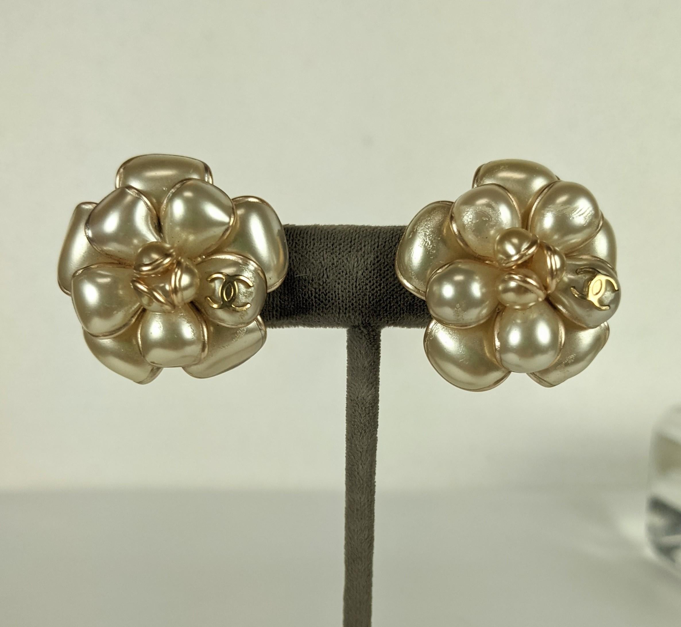 Chanel Pearlized Poured Glass Camellia Earrings from the 1990's. An original runway sample with a 