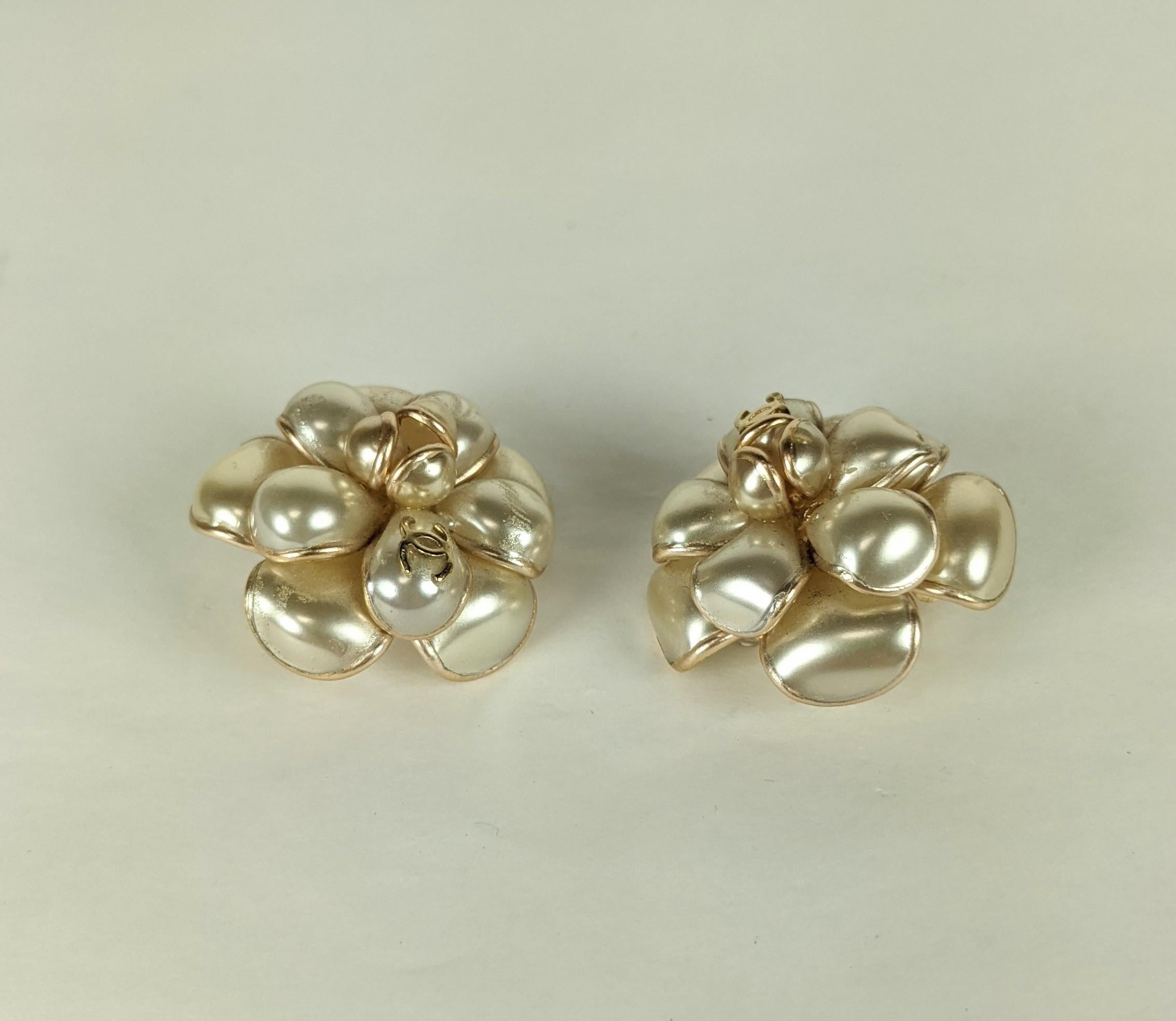 Chanel Pearlized Poured Glass Camellia Earrings In Good Condition For Sale In New York, NY