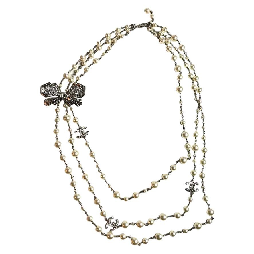 Chanel Pearls And Butterfly Rhinestones Long Necklace 