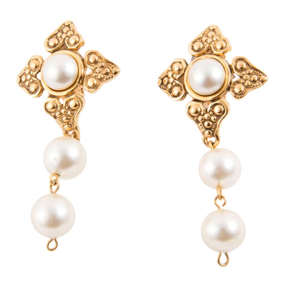 Chanel Pearls Clip On Drop Earrings