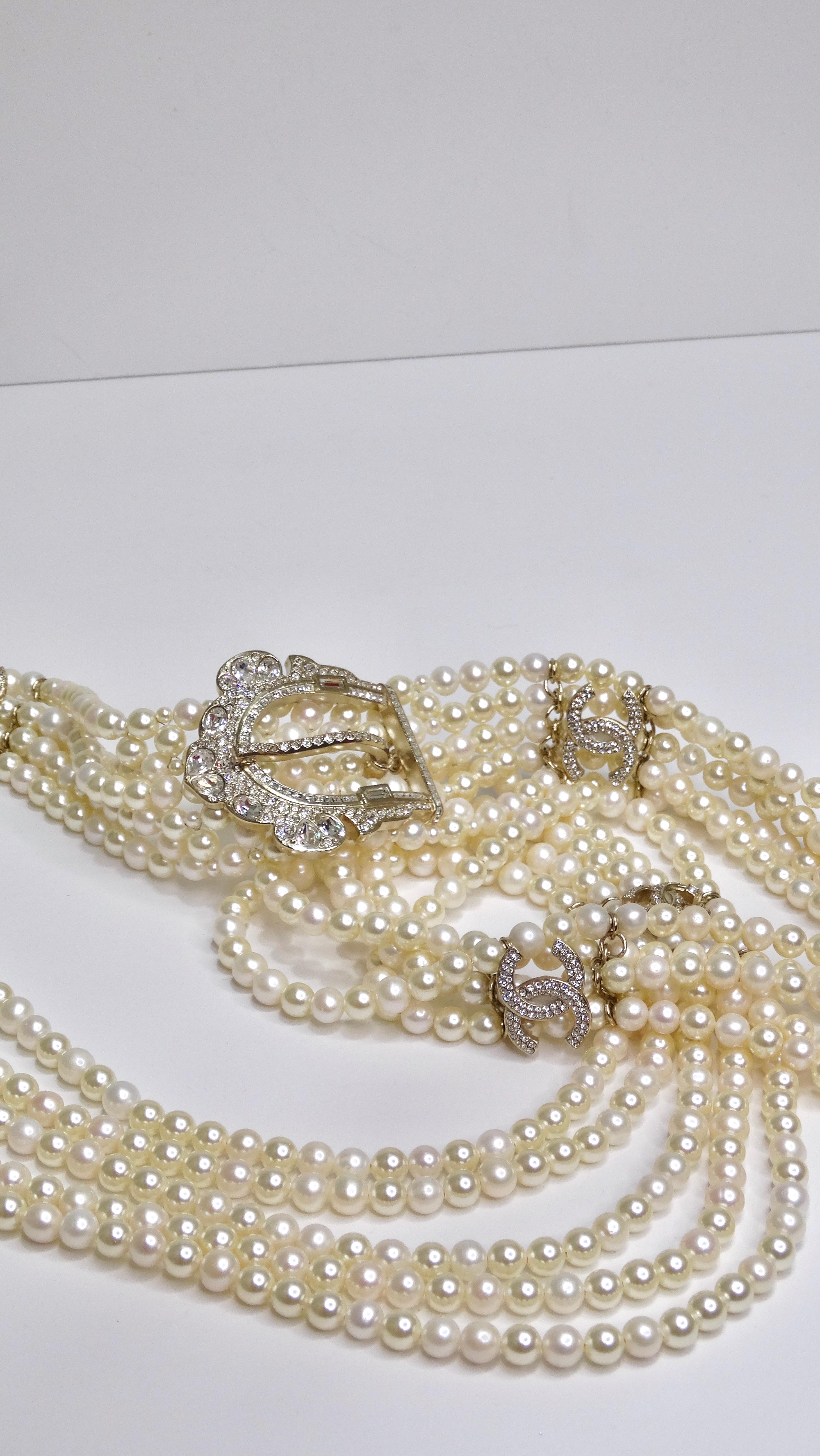 Women's or Men's Chanel Pearls & Crystal Buckle Multi-Strand Necklace For Sale