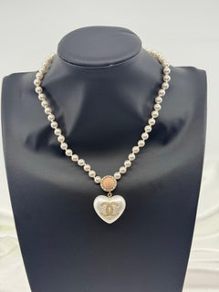 Chanel Pearly White Pink Pearl Crystal CC Heart Statement Necklace