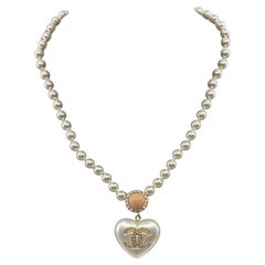 Chanel Pearly White Pink Pearl Crystal CC Heart Statement Necklace
