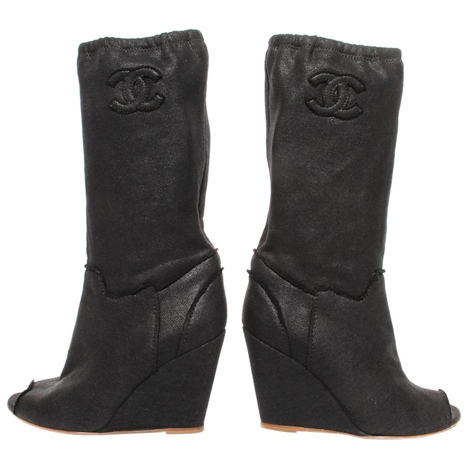 CHANEL, Shoes, Chanel Black Calfskin Wedge Boots