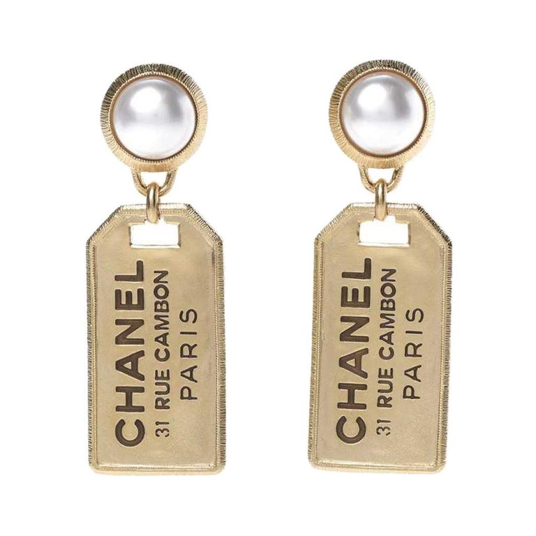 Chanel Peral Gold Tags Drops Earrings