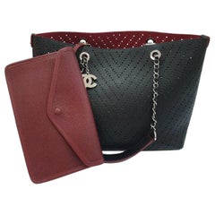 Chanel Perforated Black Caviar Chain Shopping Tote Bag