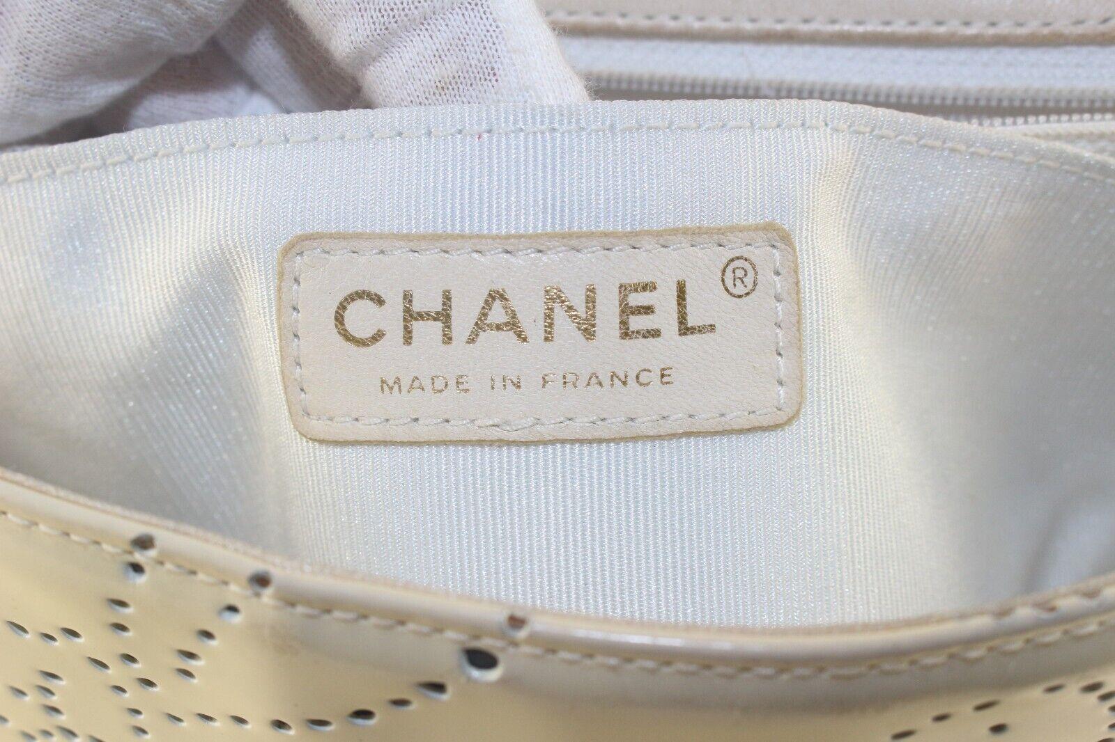 Chanel Perforated Camelia Medium Classic Flap Ivory Patent Leather 2CJ725K For Sale 6