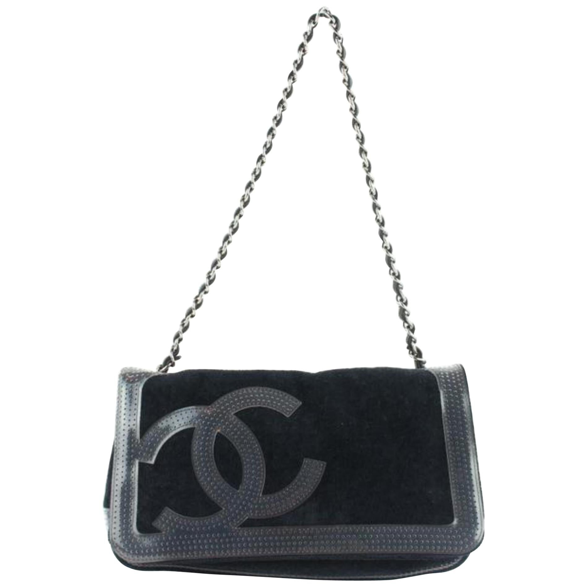 Chanel Perforated Chain Beach Flap 3cz1107 Black Terry Cloth Shoulder Bag For Sale