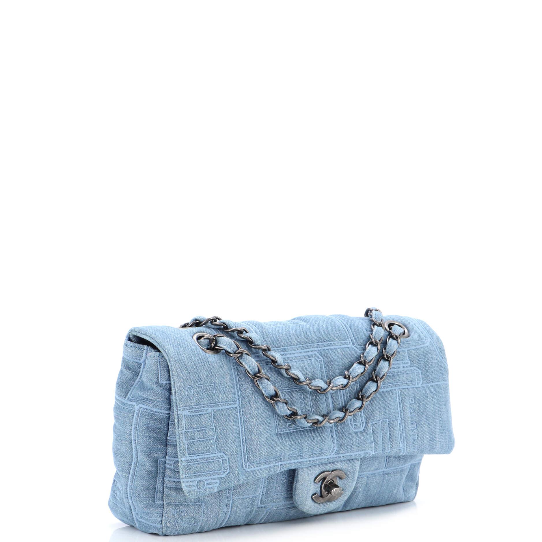 Chanel Perfume Bottle Classic Single Flap Bag Embroidered Denim Medium In Good Condition In NY, NY