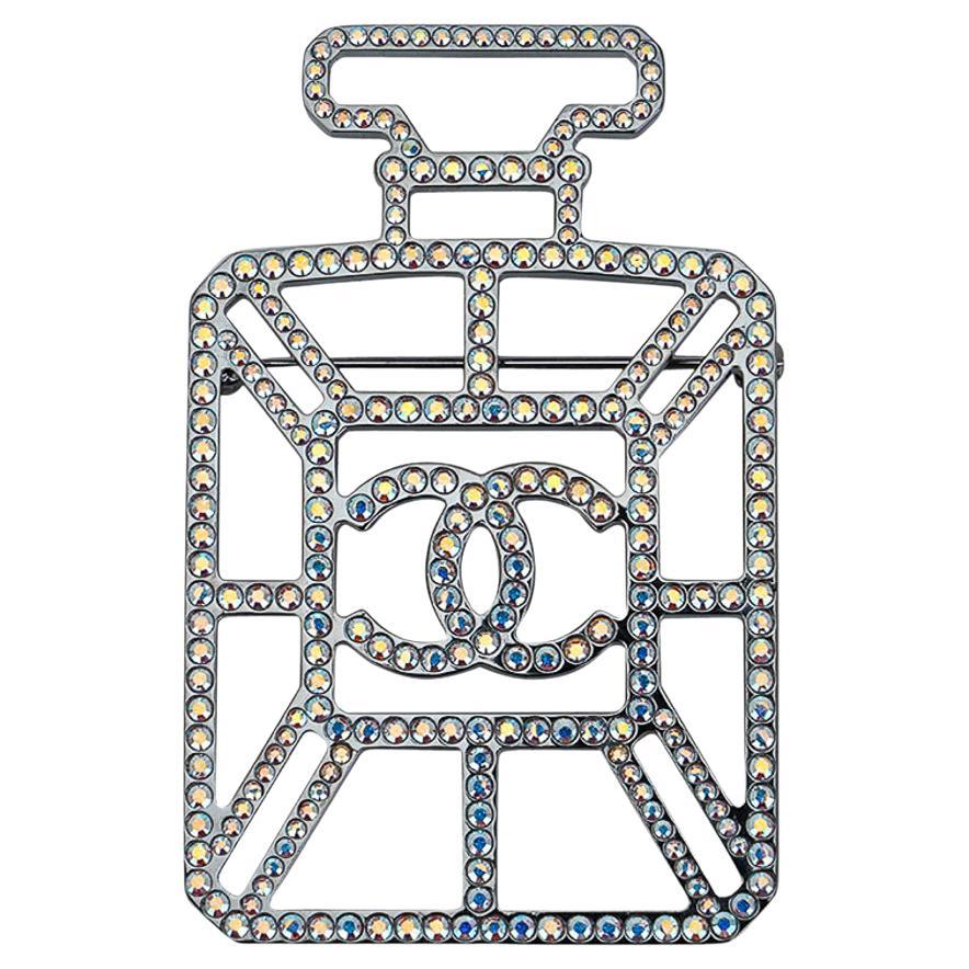 Chanel Crystal Perfume Bottle Iridescent Strass Brooch CC Logo