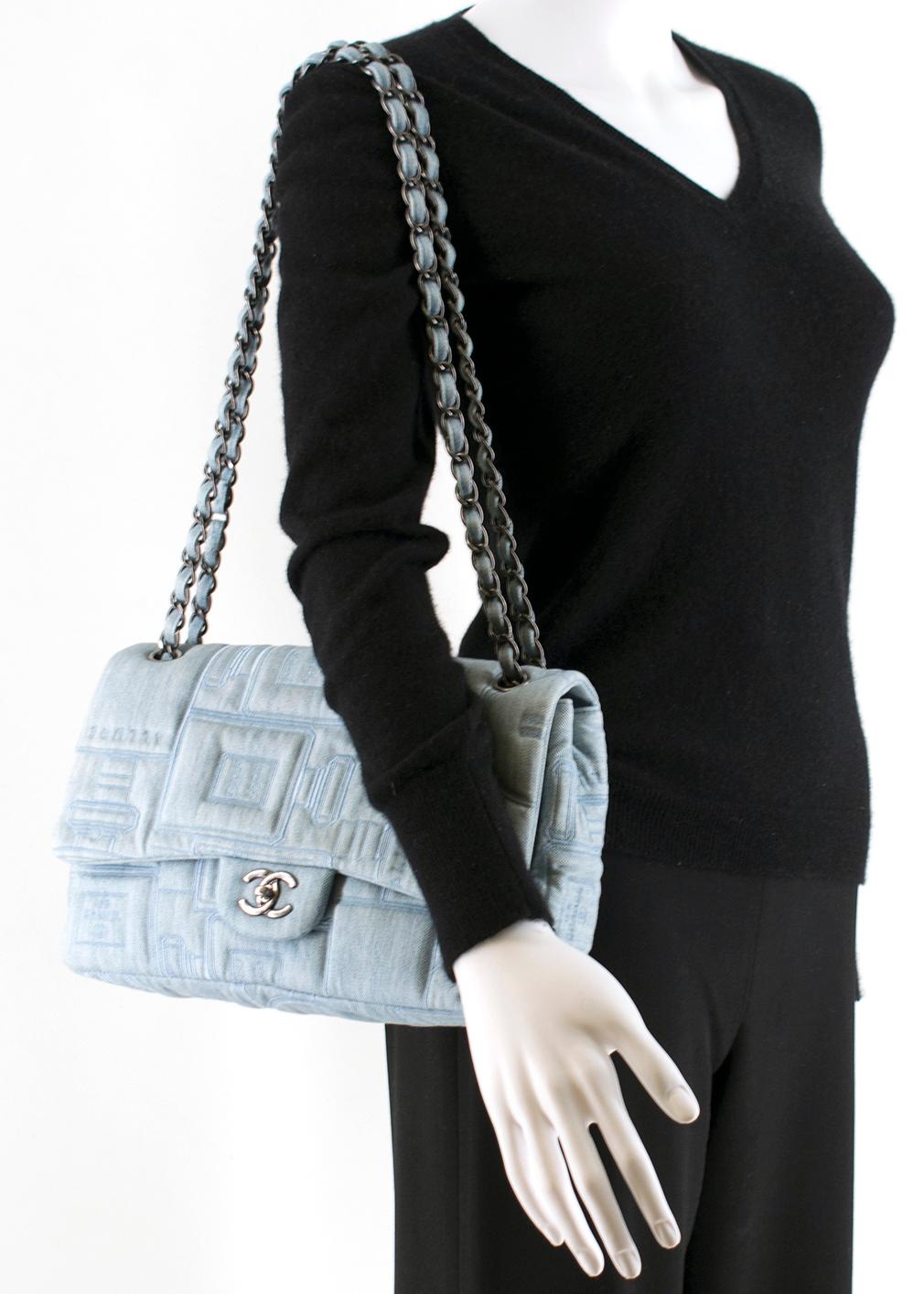 Gray Chanel Perfume Embroidered Denim Flap Bag	