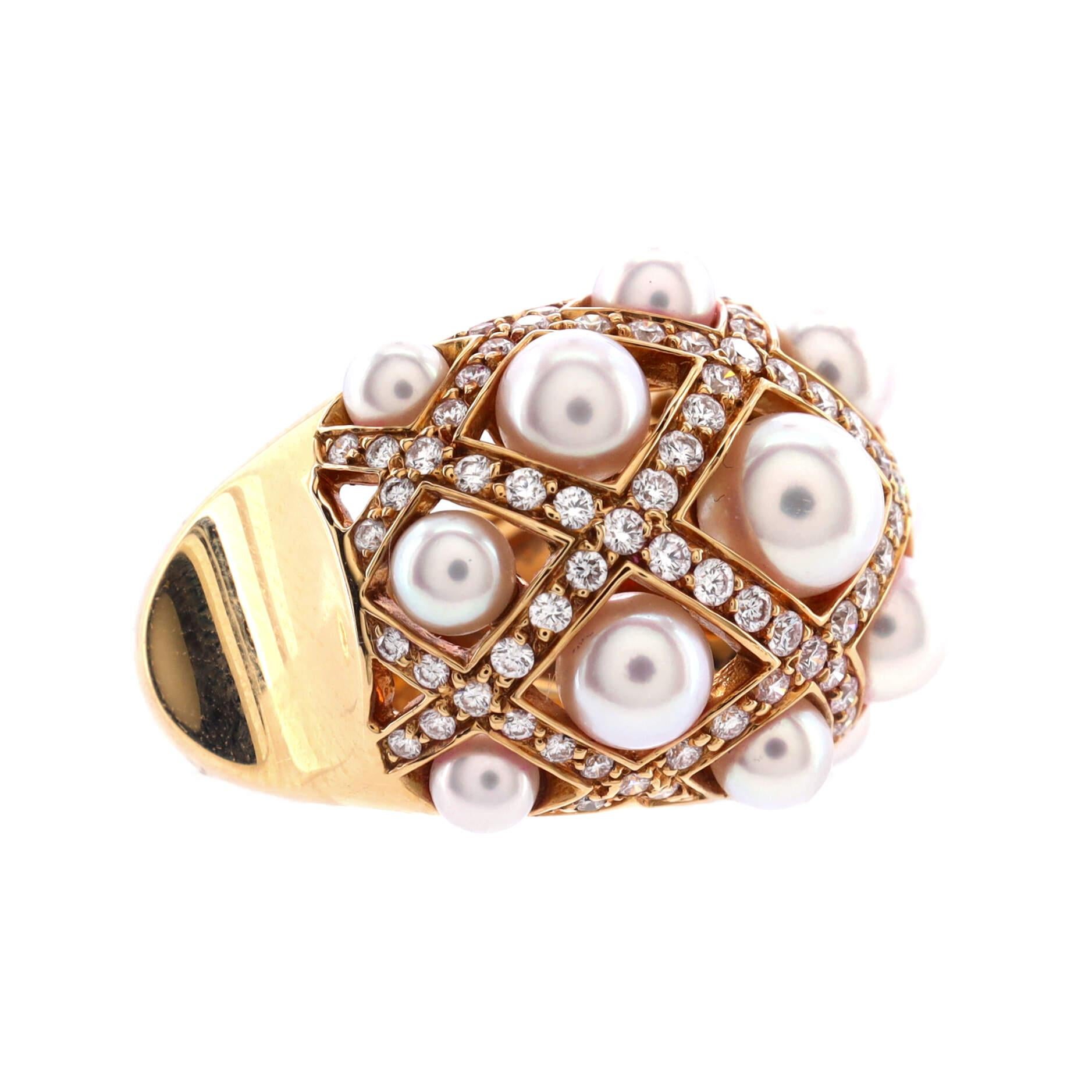 Chanel Perles Matelasse Ring 18k Yellow Gold with Cultured Pearls and Diamonds In Good Condition In New York, NY