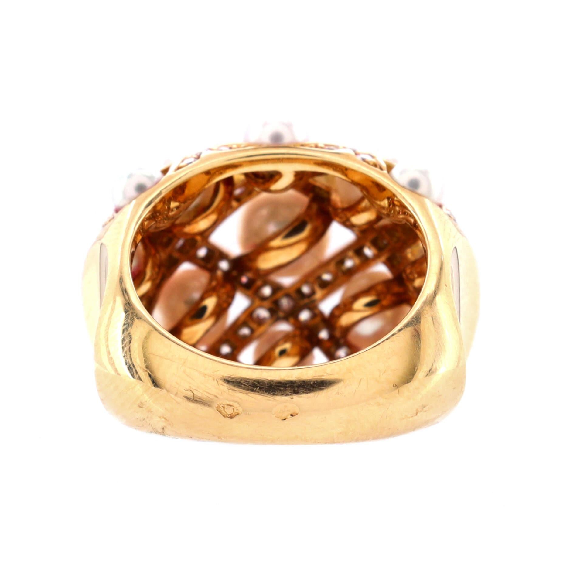 Women's Chanel Perles Matelasse Ring 18k Yellow Gold with Cultured Pearls and Diamonds