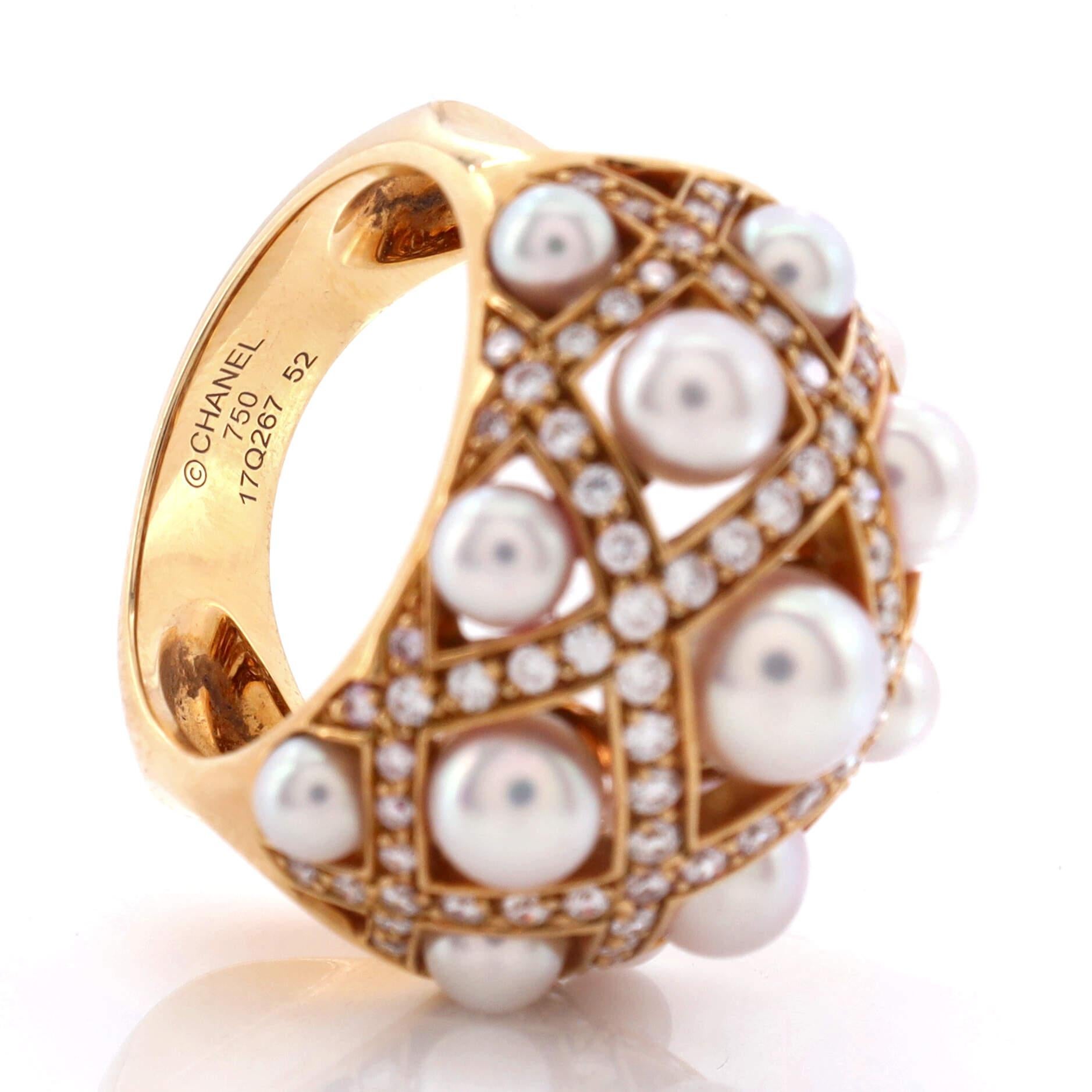 Chanel Perles Matelasse Ring 18k Yellow Gold with Cultured Pearls and Diamonds 1