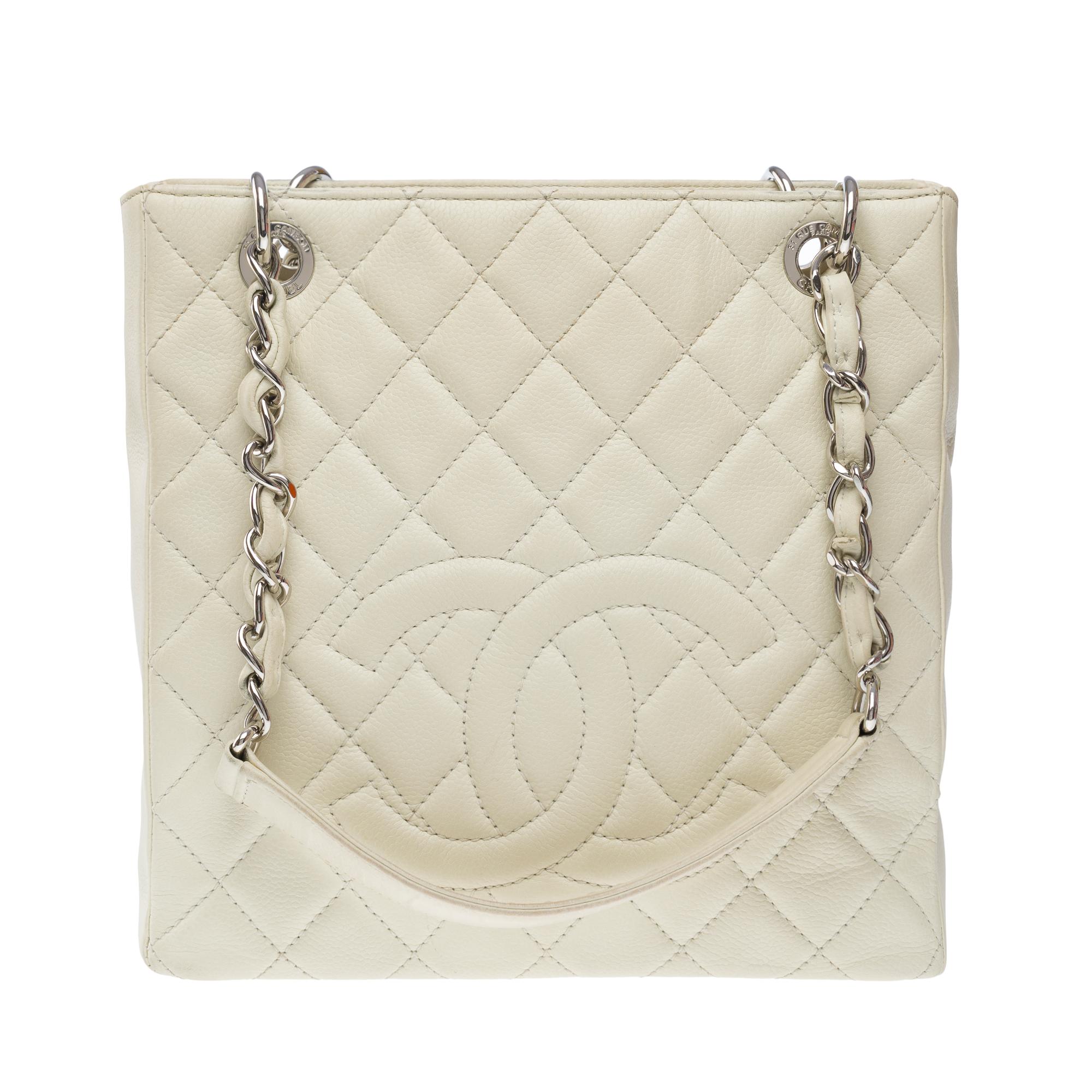 Beige Chanel Petit Shopping Tote bag (PST) in Off-White Caviar quilted leather, SHW For Sale