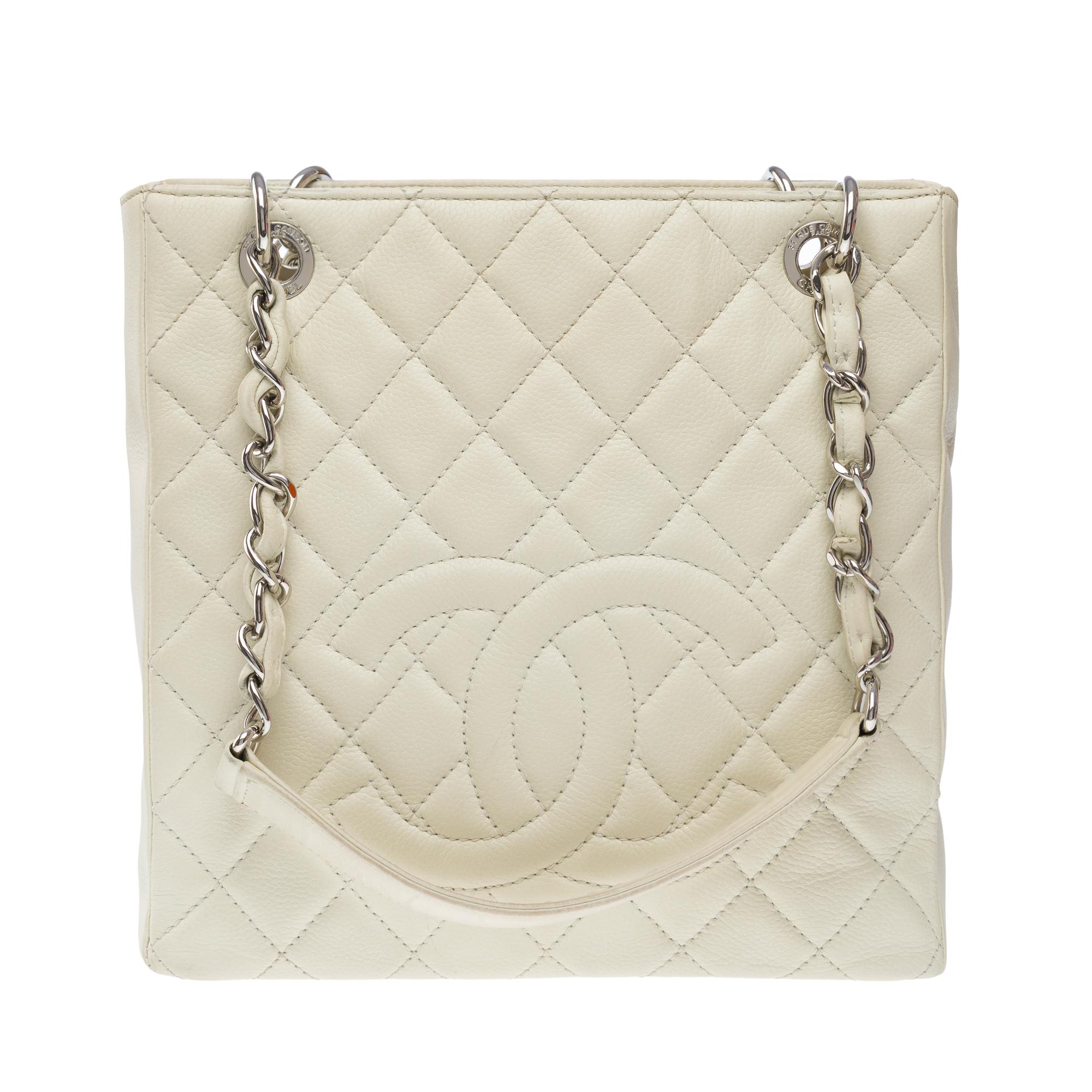  Chanel Petit Shopping Tote bag (PST) en cuir matelassé Off-White Caviar, SHW Bon état - En vente à Paris, IDF